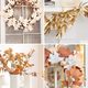 A collage of four photos showcasing fall leaf craft ideas, including a felt leaf wreath, gold-painted foliage on a mantel, and a vase of dried branches with white berries.