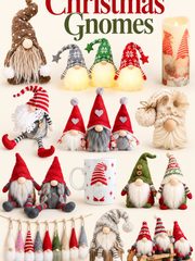 A collection of Christmas gnome decor, including plush figurines, a lit candle, a coffee mug, and a hanging garland.