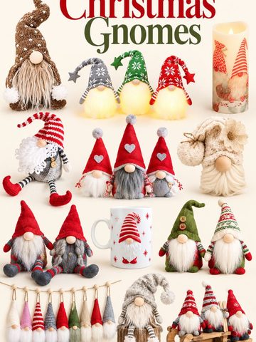 A collection of Christmas gnome decor, including plush figurines, a lit candle, a coffee mug, and a hanging garland.