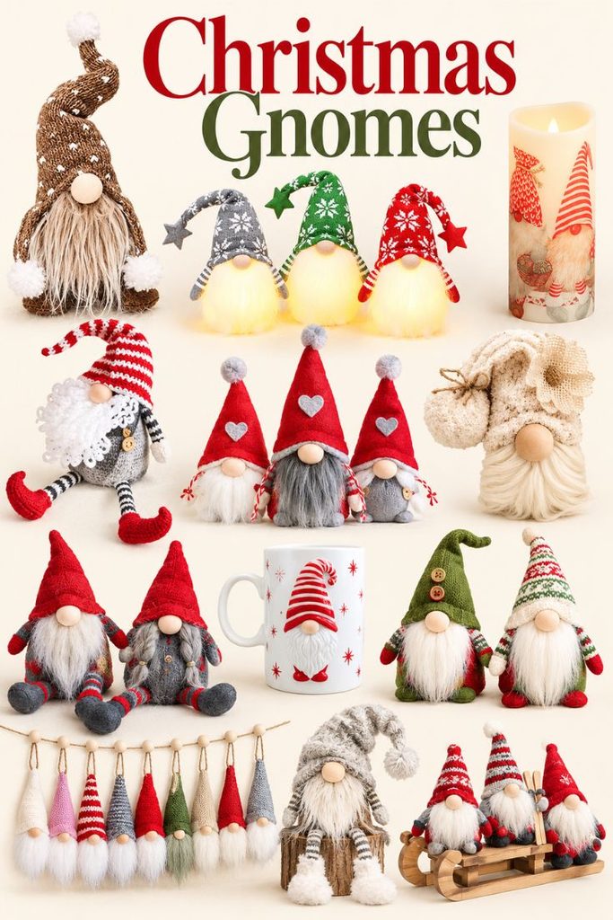 A collection of Christmas gnome decor, including plush figurines, a lit candle, a coffee mug, and a hanging garland.