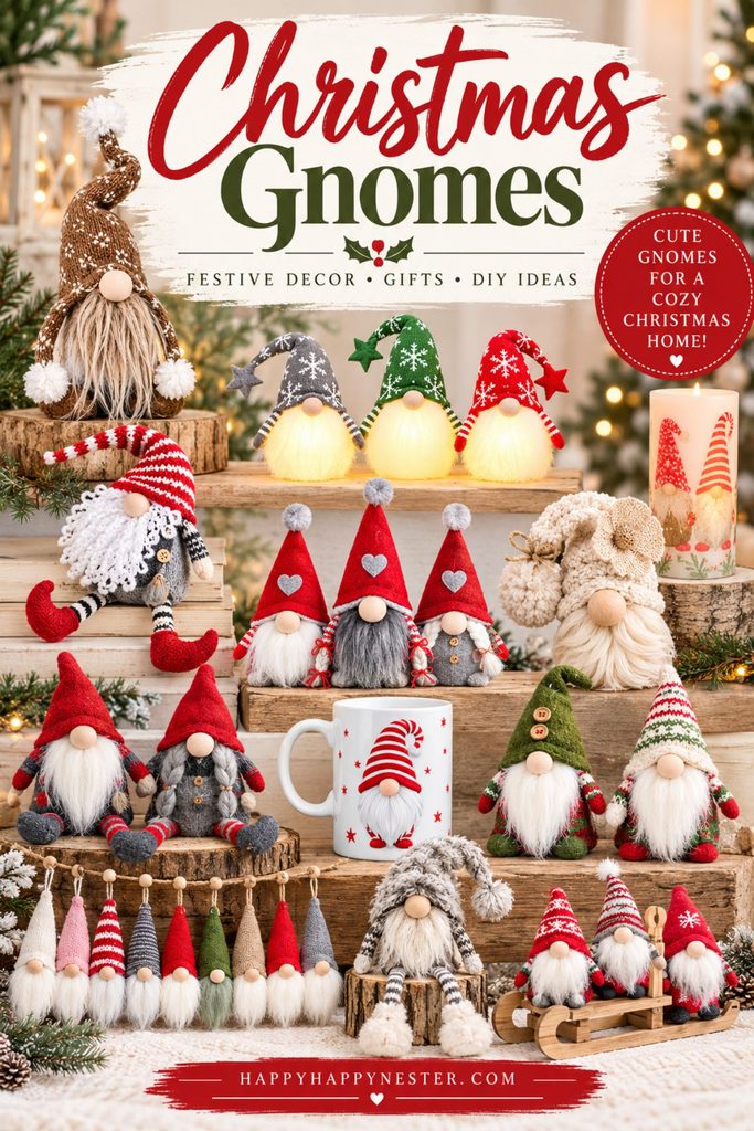 A collection of decorative Christmas gnomes in various hats and styles arranged on wooden shelves next to a white mug with a gnome illustration, beneath text reading “Christmas Gnomes: Festive Decor, Gifts, DIY Ideas.”
