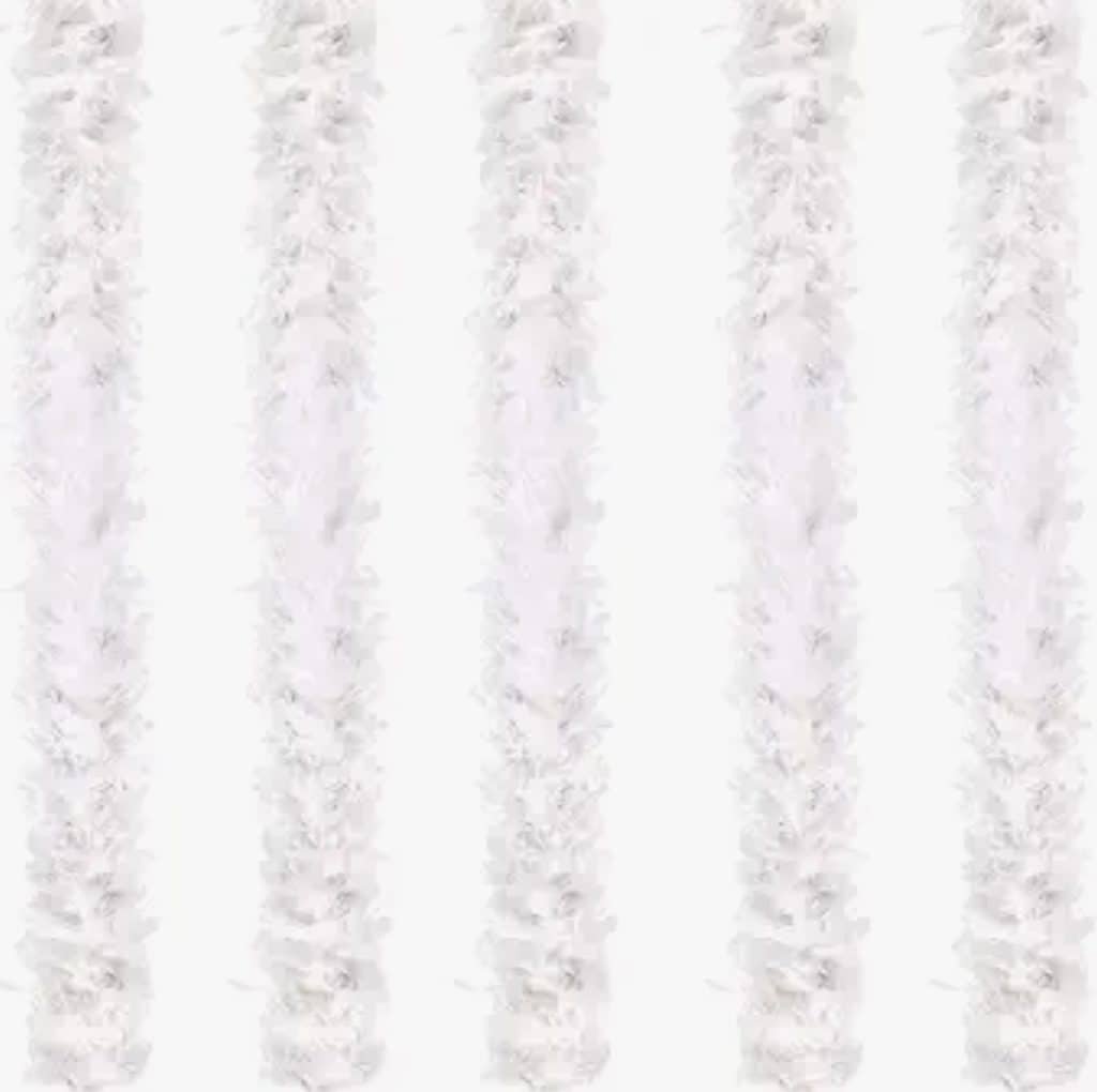 Five vertical strands of white tinsel garland, reminiscent of the delicate trimming on a red and white Christmas tree, are evenly spaced against a plain white background.