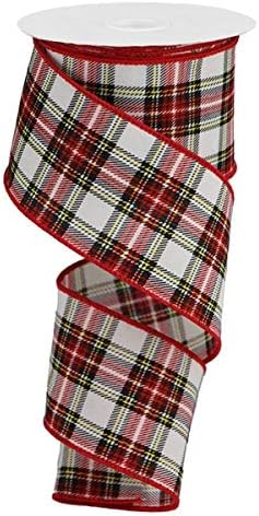 A spool of ribbon featuring a red, white, black, and yellow plaid pattern with red edging, unrolled in a spiral shape—perfect for accenting your red and white Christmas tree with a festive touch.