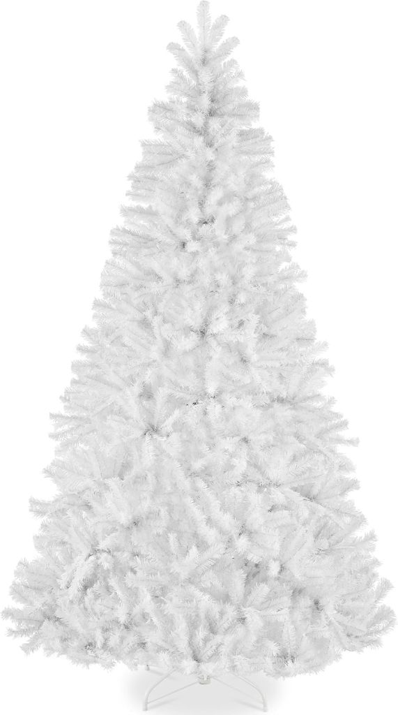 A full, artificial red and white Christmas tree with dense branches, standing on a white metal stand against a plain background.