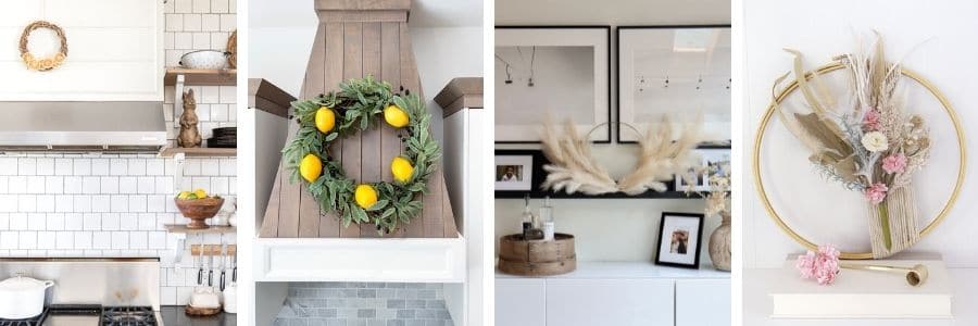 a collage image of spring wreaths and kitchen wreaths