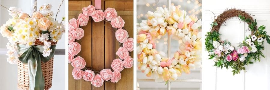 a collage image of spring wreaths displayed on front doors