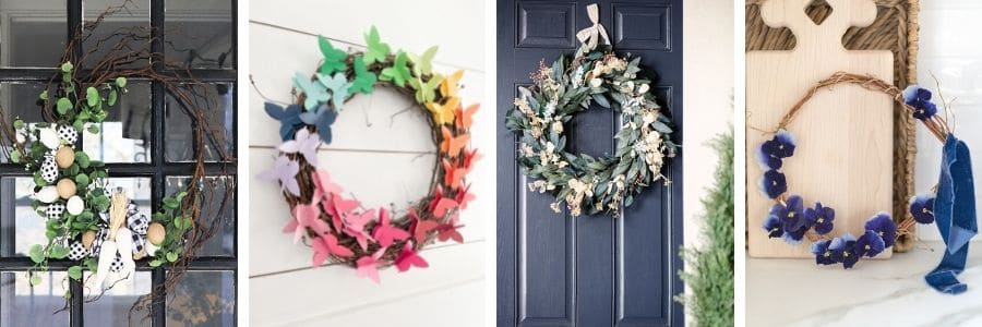 a collage image of spring wreaths for the door or kitchen wreaths