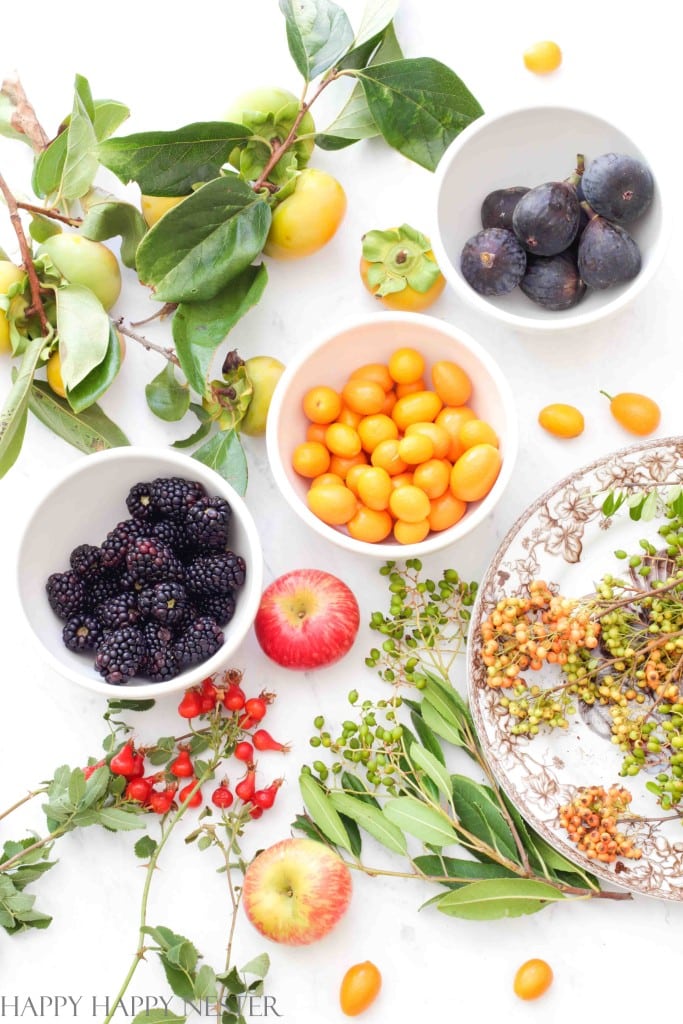 flat lay of flowers and fruit