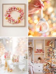 A collage of winter wonderland decorating ideas, featuring a Christmas ornament wreath, a hand holding a clear glass bauble with miniature trees, glittery houses on pedestals, and a decorated tree in a living room.
