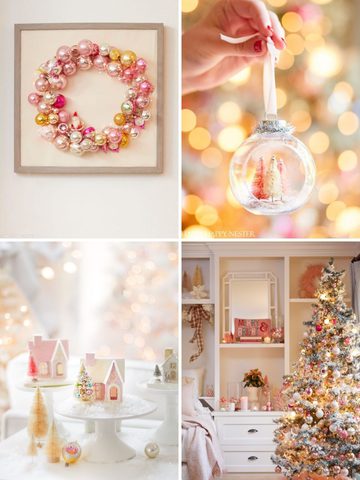 A collage of winter wonderland decorating ideas, featuring a Christmas ornament wreath, a hand holding a clear glass bauble with miniature trees, glittery houses on pedestals, and a decorated tree in a living room.