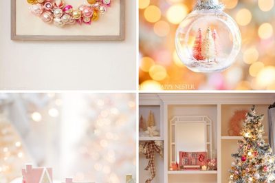 A collage of winter wonderland decorating ideas, featuring a Christmas ornament wreath, a hand holding a clear glass bauble with miniature trees, glittery houses on pedestals, and a decorated tree in a living room.