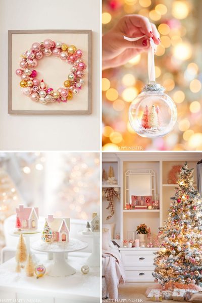 A collage of winter wonderland decorating ideas, featuring a Christmas ornament wreath, a hand holding a clear glass bauble with miniature trees, glittery houses on pedestals, and a decorated tree in a living room.