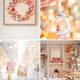 A collage of winter wonderland decorating ideas, featuring a Christmas ornament wreath, a hand holding a clear glass bauble with miniature trees, glittery houses on pedestals, and a decorated tree in a living room.