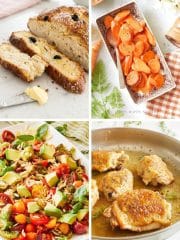 Recipes For Springtime A collage of four food images: sliced soda bread with butter, roasted carrots in a dish, a colorful salad with avocado and tomatoes, and seared chicken thighs in a pan—perfect recipes for springtime dining.