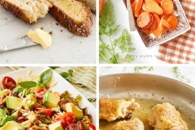 A collage of four food images: sliced soda bread with butter, roasted carrots in a dish, a colorful salad with avocado and tomatoes, and seared chicken thighs in a pan—perfect recipes for springtime dining.