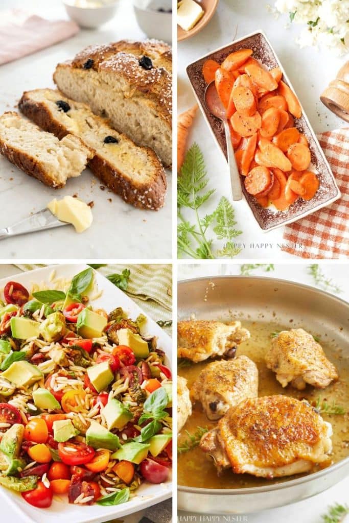 A collage of four food images: sliced soda bread with butter, roasted carrots in a dish, a colorful salad with avocado and tomatoes, and seared chicken thighs in a pan—perfect recipes for springtime dining.