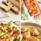 A collage of four food images: sliced soda bread with butter, roasted carrots in a dish, a colorful salad with avocado and tomatoes, and seared chicken thighs in a pan&mdash;perfect recipes for springtime dining.