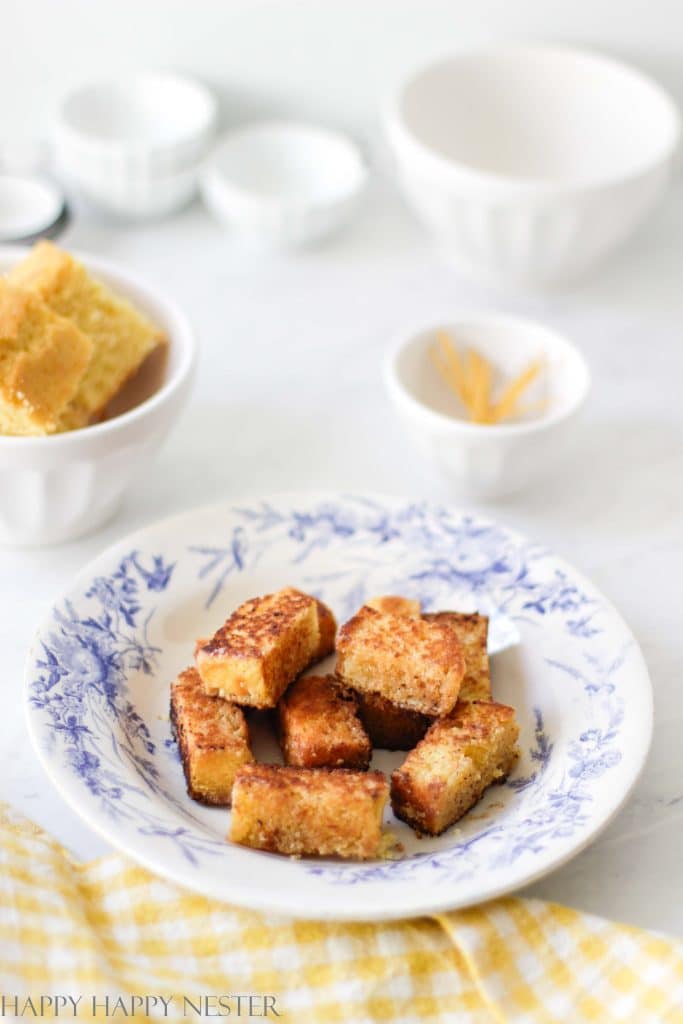 cornbread bites in a blue french bowl