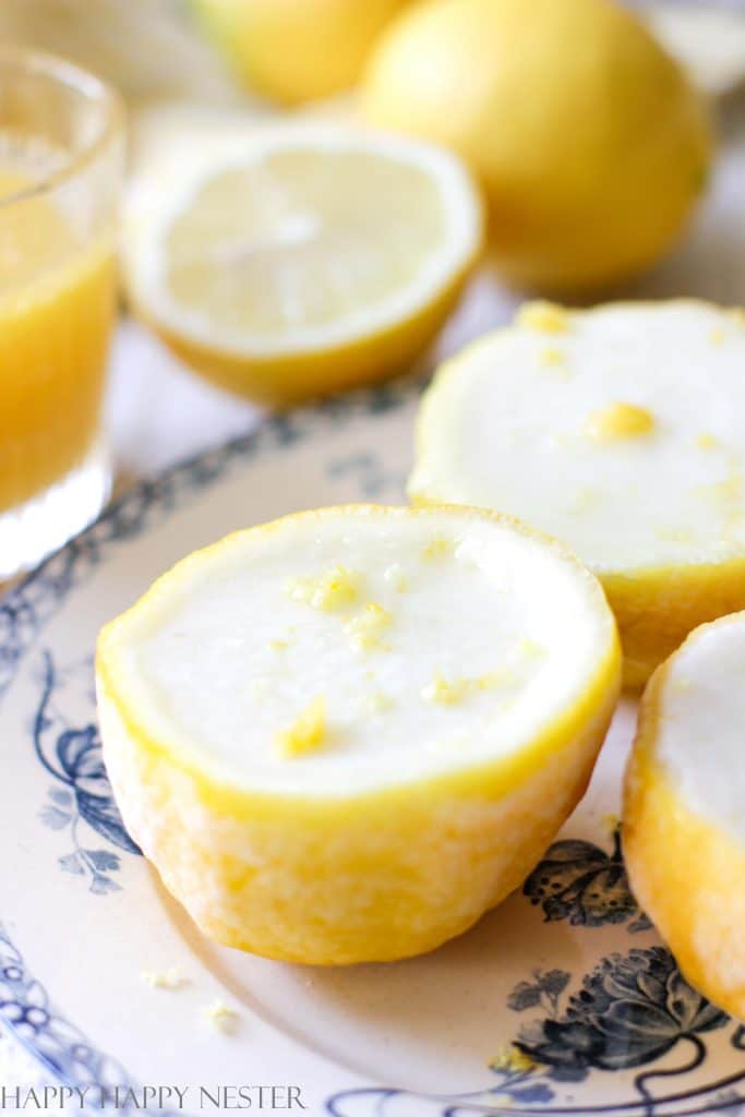 close up lemon sorbet in a lemon shell