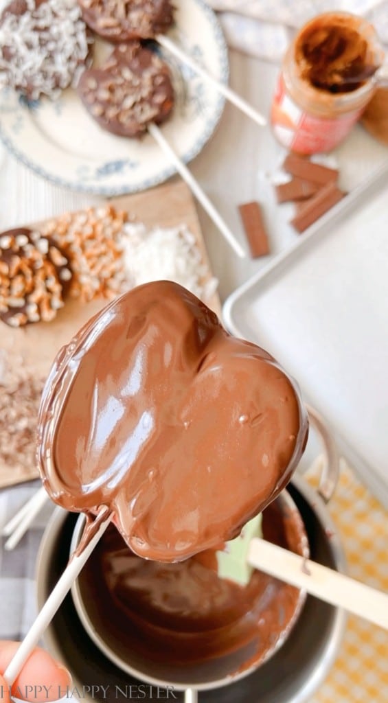 close up of a chocolate covered apple slice on a lollipop stick