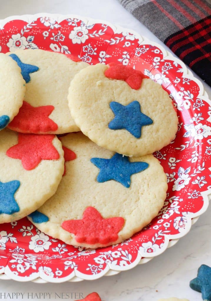 close up photo of 4th of july cookies on a cute red and white paper plate
