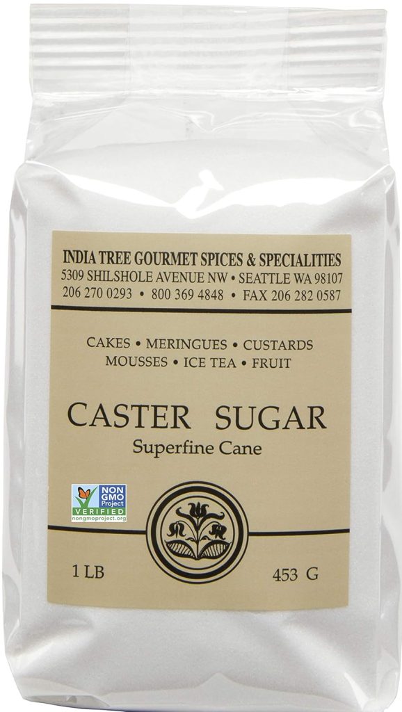 A 1-pound (453 g) bag of India Tree Caster Sugar, labeled as superfine cane sugar—ideal for your recipe for raspberry freezer jam. The packaging displays product details, contact information, and the Non-GMO Project Verified seal.