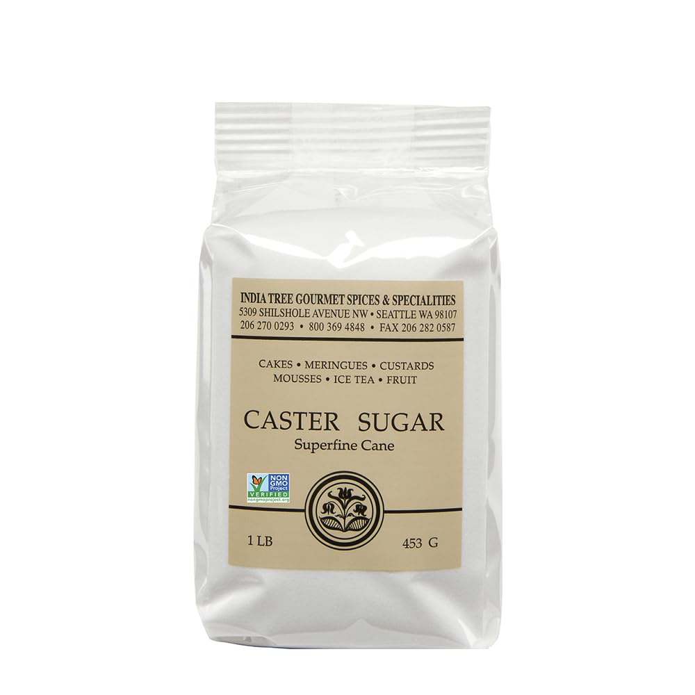 A 1-pound (453g) bag of India Tree Caster Sugar with a beige label describing it as superfine cane sugar, perfect for cakes, meringues, custards, mousses, and ideal for a classic pavlova recipe.