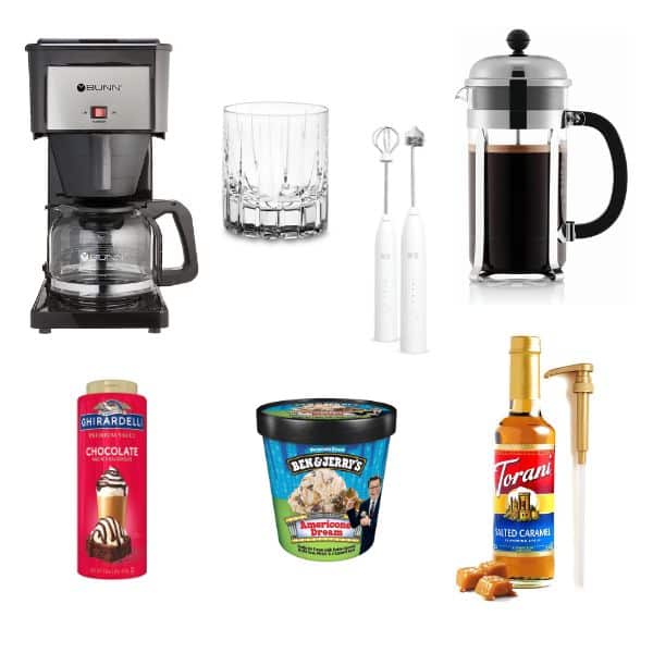 images of 7 things that I used when making my iced coffee with ice cream drink