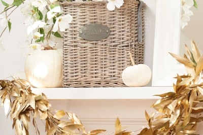 diy fall garland with bay leaves on a white mantel