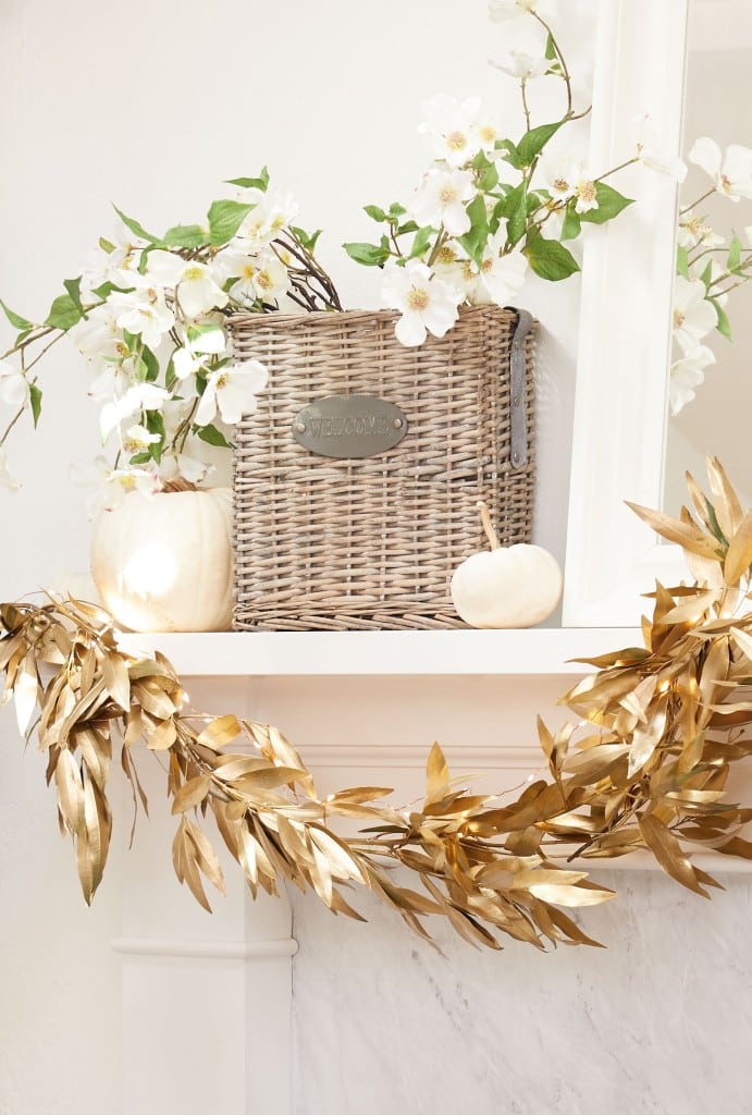 diy fall garland with bay leaves on a white mantel