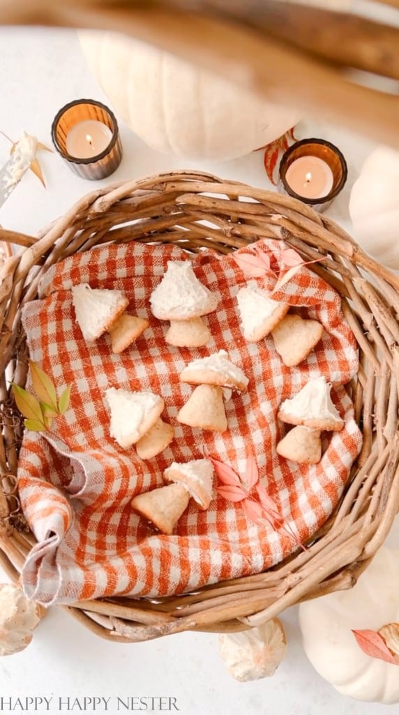 mushroom cookies in a lined wicker basket