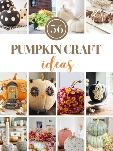 A collage showcases various pumpkin craft ideas, including painted, glittered, and embellished pumpkins—both real and faux—arranged with flowers, candles, or decorative materials. Text reads: "56 Pumpkin Craft Ideas.