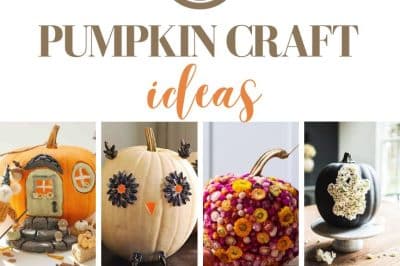 A collage showcases various pumpkin craft ideas, including painted, glittered, and embellished pumpkins—both real and faux—arranged with flowers, candles, or decorative materials. Text reads: "56 Pumpkin Craft Ideas.