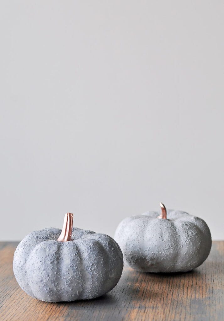 Two small, gray pumpkins with metallic stems sit on a wooden surface against a plain, light background—perfect inspiration for unique pumpkin craft ideas.