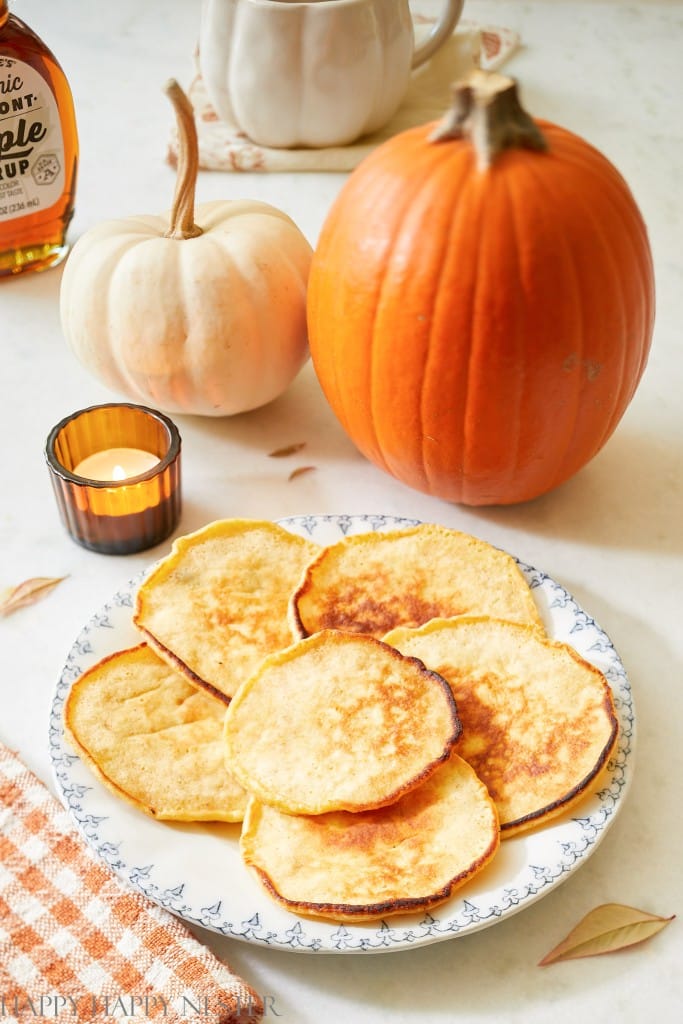 a blue and white plate of buttermilk pumpkin pancakes