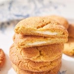 a closeup of a stack of pumpkin cheesecake cookies on a blue french plate