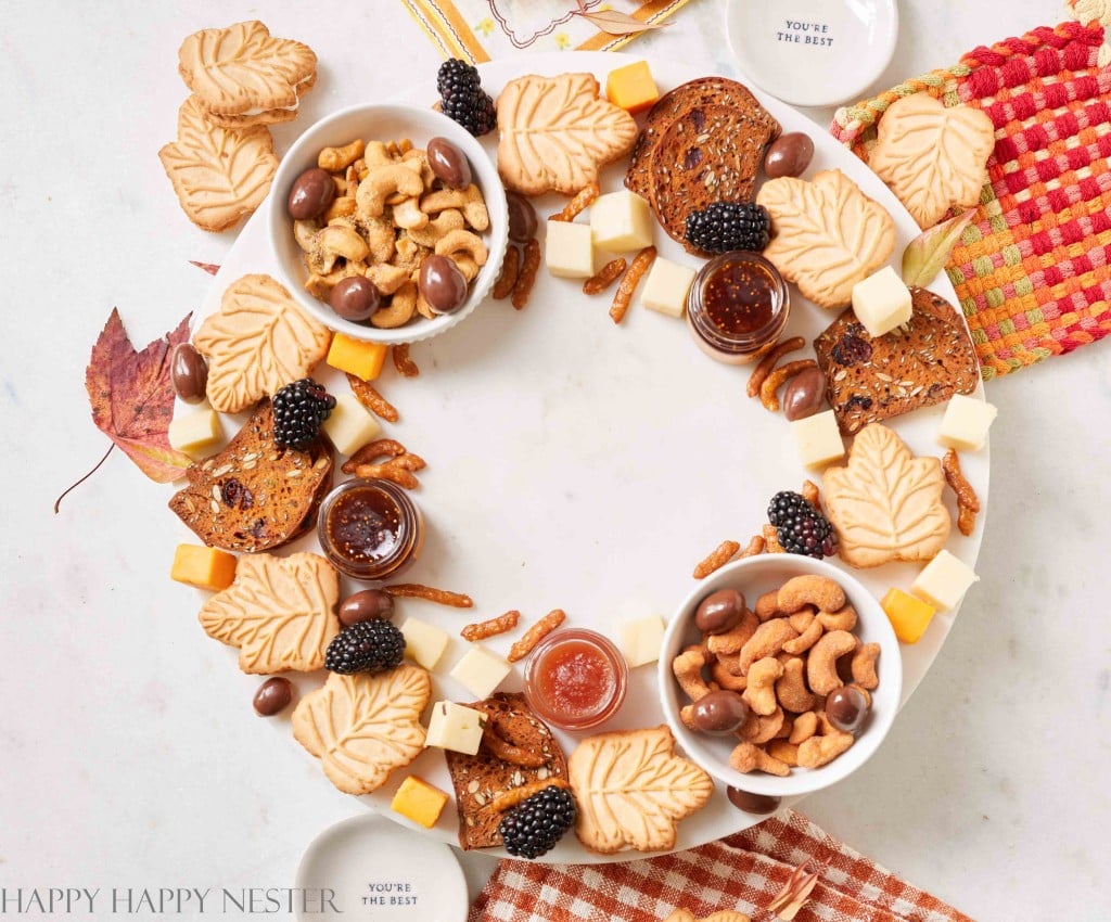 a top down shot of a small charcuterie board platter