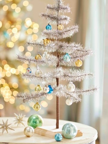 silver tinsel tree on a table top