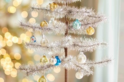 silver tinsel tree on a table top