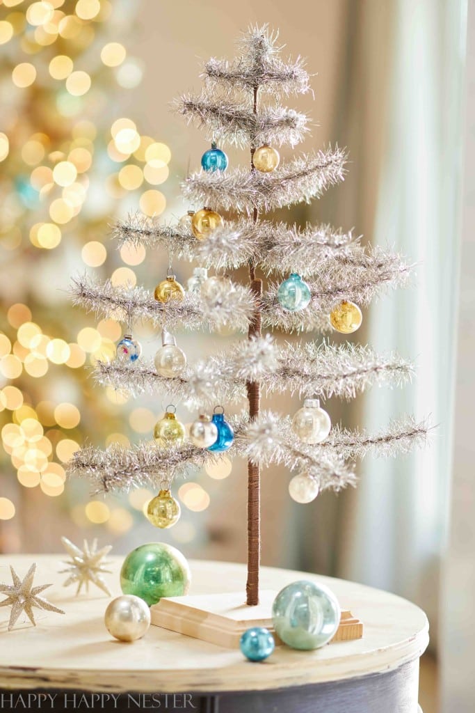 silver tinsel tree on a table top