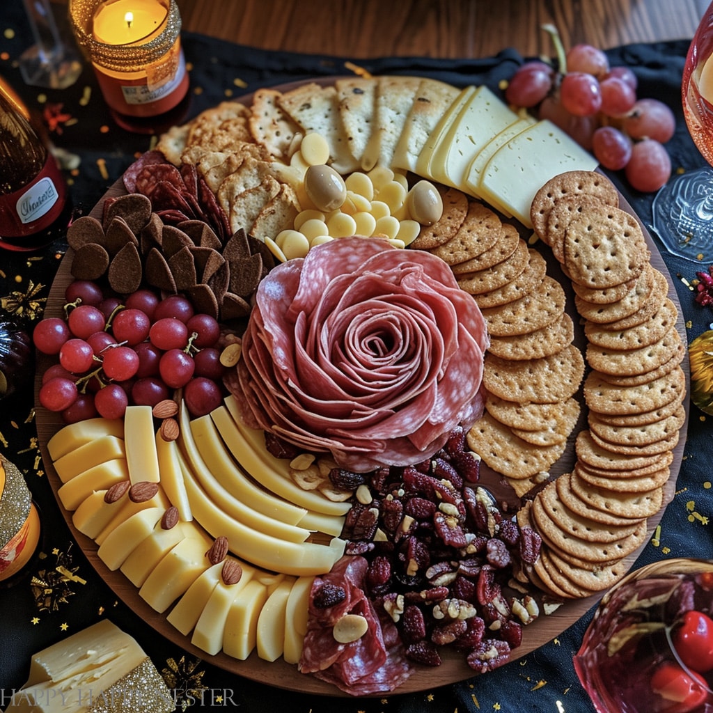 a cracker, cheese and meat charcuterie board which is part of this new year's eve charcuterie board ideas post