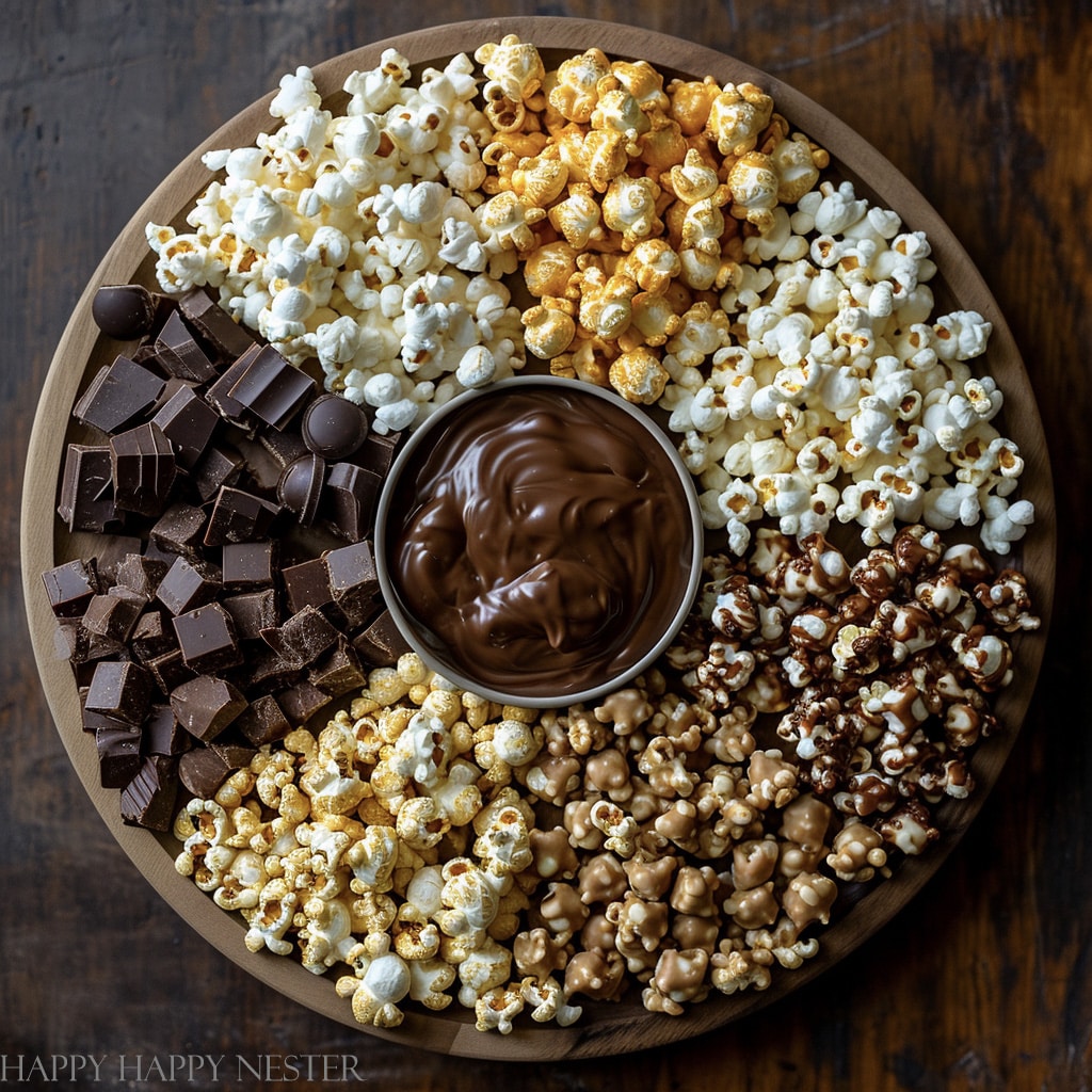 a variety of popcorn on a round charcuterie board. This is one of many for this New Year's Eve Charcuterie Board Ideas post