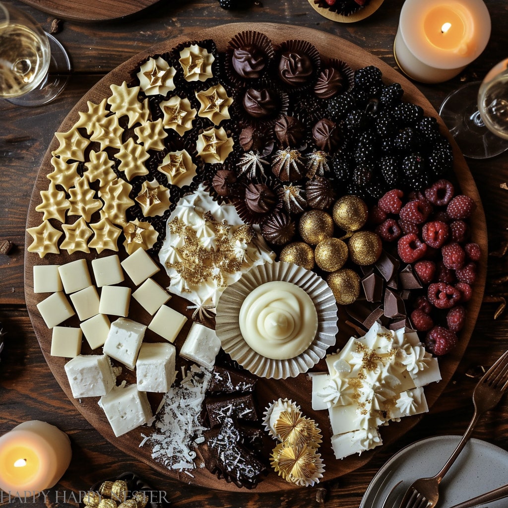 a dessert board full of candies and cupcakes