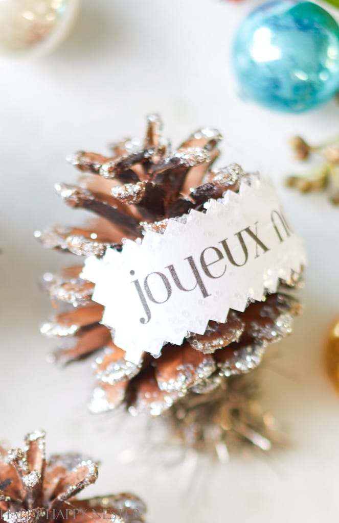 close up of the diy pinecone ornaments that has a paper that says, joyeux noel
