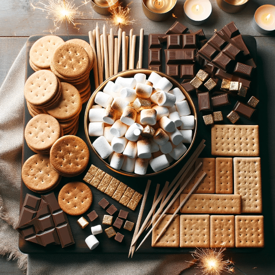 a s'more board filled with graham crackers, chocolate and marshmallows