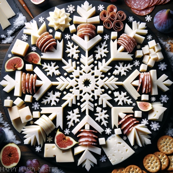 a snowflake made out of cheese on a black charcuterie board