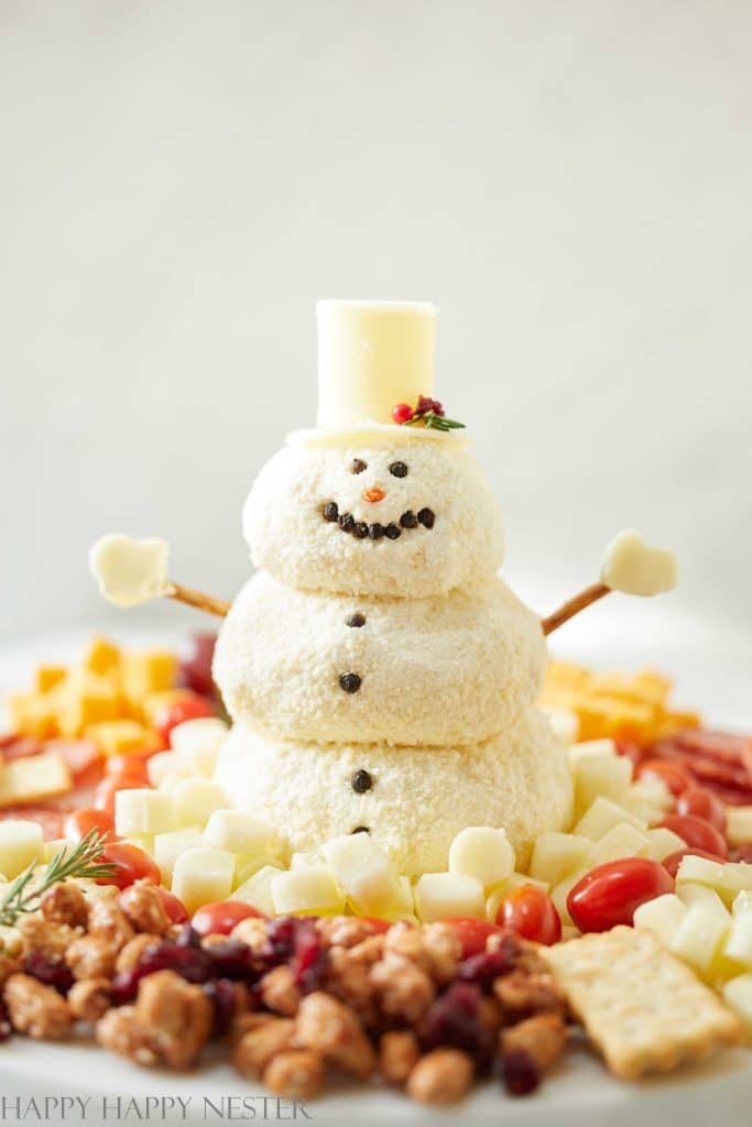a snowman cheeseball sitting in the middle of a fruit and cheese charctuerie board. 
