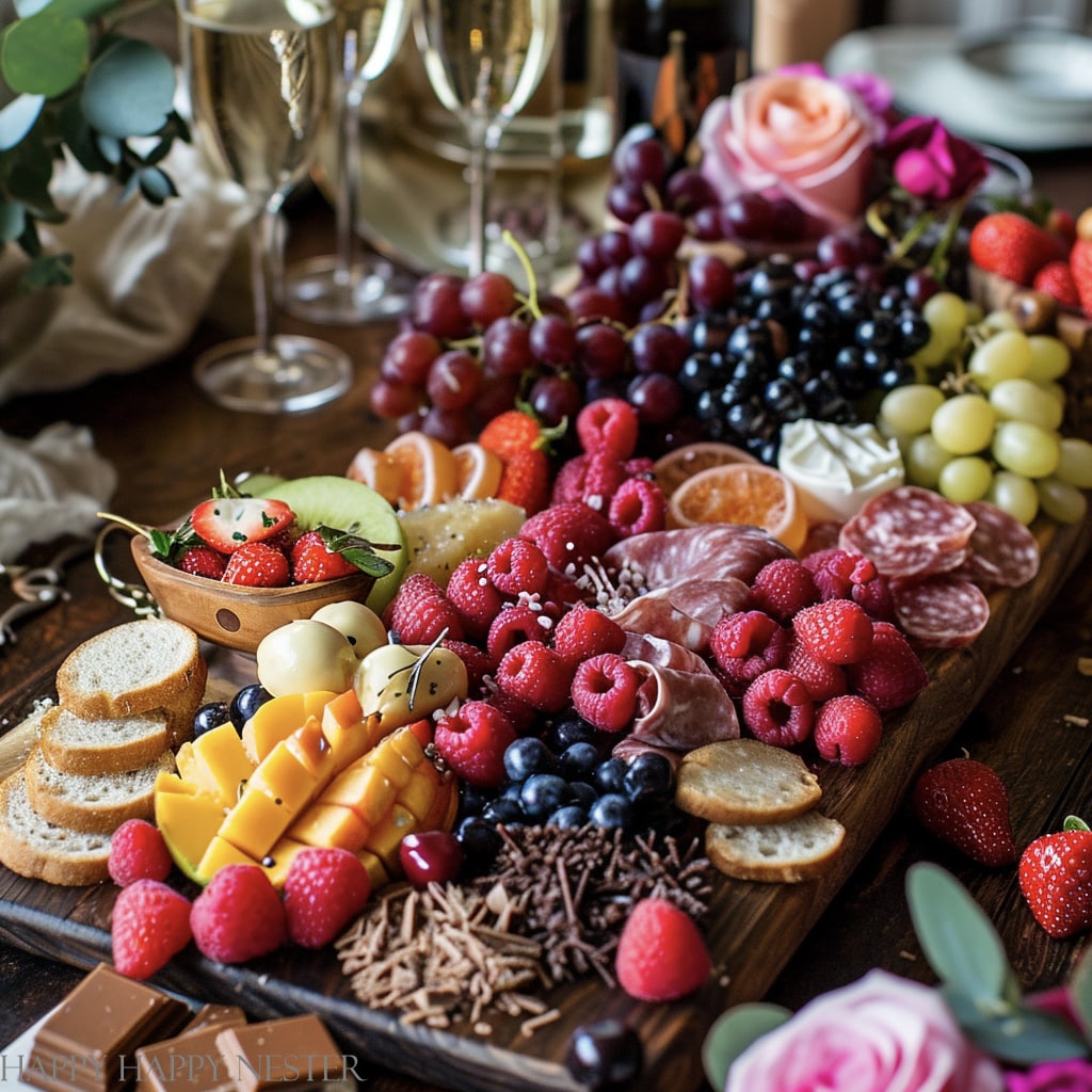 a fruit and meat charcuterie board which a part of this new year's eve charcuterie board ideas post