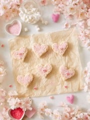 valentine rice krispie treats on a sheet of brown parchment paper