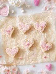 six heart shaped valentine rice krispie treats on a brown parchment paper